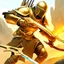 Placeholder: fantasy tcg art of a sci-fi crossbow soldier man with knight mask