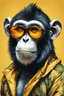 Placeholder: a painting featuring a monkey wearing sunglasses, Full-shot angle, the artwork showcases a fashion-illustration style with multiple filter effects, warm color palette, great composition, sharp focus, high detail, an example of ultra-high quality and clarity, perfect play of light and shadow, 32k UHD, hyper-detailing. NFTs with yellow gradient background