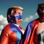 Placeholder: realistic image of donald trump as a mexican wrestling fighter posing outdoors, Mexican eyes wrestling mask, red and blue breeches, confederate flag cape, retro style, 80s, vibrant color, highly detailed, sky background, concept art, unreal engine 5, god rays, ray tracing, RTX, lumen lighting, ultra detail, volumetric lighting, 3d, finely drawn, high definition, high resolution.