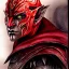 Placeholder: dnd, fantasy, watercolour, portrait, ilustration, elf, dark lord, armour, satanic, red, black, mighty, strong jaw