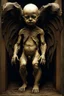 Placeholder: sculpture of a baby with wings. decayed and rotting with grotesque proportions and imagery. abstract grotesqueries, detailed texture, surreal horror, biomechanical design, by hr giger and beksinski