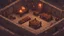 Placeholder: Inside there is a room of a medieval stone barracks with torches and an armory in the corner and training scarecrows with targets painted in them with cages for monsters pixelart