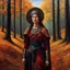 Placeholder: create a classical-abstract-realist sci-fi fantasy full body portrait painting of a nomadic tribal shepherdess with highly defined facial features, in an autumnal northern forest in the style of Donato Giancola, Hans Memling, Titian, and Caravaggio, 8k, highly detailed, otherworldly and fantastic