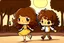 Placeholder: a cute chibi spanish man with short curly brown hair cropped at the back in yellow T-shirt and jeans with a cute chibi contented girl with long brown hair and brown eyes in a red elegant jumpsuit and red high heels, and a chibi girl with blonde brown hair in a beige dress dancing dynamically in Madrid in the Retino park, in the moonlight, ethereal, cinematic postprocessing, airplane in the sky