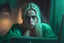 Placeholder: mulher, loira, cabelo amarrado, olhos verdes, preocupada, tensa,sentada, preocupada, quarto, 4k full, realista, cinema, cores frias, mexendo no computador, noite, imagem cinematográfica