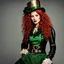 Placeholder: A beautiful woman with red hair, curly hair, wearing St. Patrick style clothing, St. Patrick headdress, gold leather, buckles and eyelets, black leather belt, white lace, black boots, green fingernails, model in the style of Hapers BAZAAR of the 40s, white background.