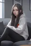 Placeholder: A portrait of a scared woman with long brown hair without bangs, red eyes, pale skin; wearing a long-sleeved black sweatshirt; sitting on a couch; modern living room setting; By artist "anime", 3d anime art, inspired by WLOP, Artstation, #genshinimpact pixiv, extremely detailed, aesthetic, concept art, ultrafine detail, breathtaking, 8k resolution, vray tracing