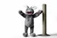 Placeholder: Scruffy fluffy grey puppet plush dust Bunny, holding with both hands onto a post while being blown by the wind, extending vertically, panicked. on white background