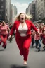 Placeholder: an obese terrified blonde woman in a red pant suit desperately running away from an angry mob of hundreds of people chasing her from a city block behind