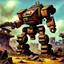 Placeholder: 90's fantasy tcg art of a giant junk mech made of multiple parts in the ruins of a post apocalyptic sludge junkyard firing a a machine gun