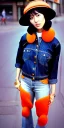 Placeholder: Korean, beautiful woman, black hair. thick thigh, thick calves. Style futurism, 1990's, rough street style.Mantle is sewed of recycled Denim and sewed together red felt pieces.Big headphones, with gold rings, is merged with small felt cap with small visor. A bag is integrated to the mantle. Patterns are composed of orange, cream, blue, lilac and purple. blue latex somewhere. It is with big bright purple felt tippet and cream-colored-hood. mantle is merged with tippet.