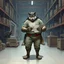 Placeholder: a fat anthropomorphic wolf-man wearing t-shirt pants and red belt around his waist looking at several item lists in his paws in a large warehouse, around some boxes and wooden crate, an another anthropomorphic wolf-man just half visible in the doorway as he looks at him, detailed, realistic, sci-fi, anthro mood, fantasy