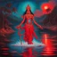 Placeholder: An oil painting of goddess Kali crossing a lake, neon red colors