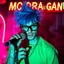 Placeholder: A MC performing at dance club, his name MC DRAGAN and looks crazy, crazy blue hair with Elvis Costello glasses. Neon lights and smog, MC DRAGAN SIGN ON WALL