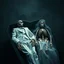 Placeholder: Hyper Realistic Center Top Angle Shot Of A Dead Married Couple (Man Skeleton In White Tuxedo & White Pant And Woman Skeleton In White Bride Gown) Both Lying In A Coffin With Their Skeletons, in A Spooky Cemetery At Dark Foggy Night Showing Dramatic And Cinematic Ambiance.