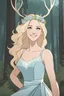 Placeholder: Woman in thirties with blonde hair and antlers, wearing cream-colored and light blue dress, smiling, forest background, RWBY animation style