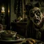 Placeholder: Strong texture, photorealism, Caravaggio, Arcimboldo, Egon Schiele. Intricate patterns, hypermaximalist. Photo made of inside house, an eerily mysterious, hidden and odd person is eating, a witchy house, sober style, pastel colors. Movie shot, spooky. Sinister scribbles, 33mm photography. Beasts