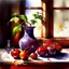 Placeholder: watercolor ,still life with a painted Chinese vase, red peppers and eggplants in the diffused atmosphere with lights and shadows in the kitchen,