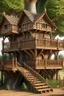 Placeholder: large medieval wooden treehouse, with a balcony, and a cobbled road going through the middle, in a wood, photo-realistic