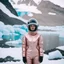 Placeholder: Fashion film in the icefields of Patagonia, a stunning supermodel in an incomplete Astronaut pink bronze suit discover the icefields and giant iceblocks and icebergs using stunning poses we can see her face through the glass . Supreme landscape, inticate background and a minimalist composition that creates a great megalophobia effect. Old lens, old Kodak vision filmstock, 1600 iso.