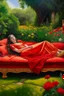 Placeholder: Oil painting Princess lying in the middle of a garden On a sofa and a red cover that covers her body from below only