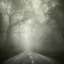 Placeholder: long road in the middle of the forest, with fog, cloudy day with rain, distant old church