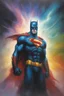 Placeholder: The FlashBatmanSuperman, oil on canvas, extremely colorful, foggy in the foreground, multicolored lightning and outer space in the background, in the art style of Gerald Brom