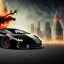 Placeholder: Fire head skeleton Rider wearing a black leather on black Lamborghini in the middle of street rounded by high tower in a City