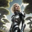 Placeholder: Wide-angle photo of a slim sci-fi woman with blond hair, wearing a silver and black futuristic android-like spacesuit, standing on an alien cloud tree jungle planet