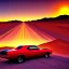 Placeholder: muscle car, desert road, sunset, full colour,