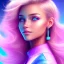 Placeholder:  beautiful girl, smiling, longs and blonds hairs,blue eyes , realistic, pink turquoise light and stars