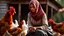 Placeholder: young village woman in a long village dress with a scarf on her head stands with her back to the camera, feeding chickens in the yard, Photorealistic scene, ultra detailed, high realistic, epic, perfect photo