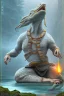 Placeholder: shaolin master vs yoga dino, water, temple background, mist