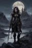 Placeholder: A formidable warrior girl in black armor, against the background of an amazing gloomy landscape, flooded with the light of two moons, mountains, trees, a fabulous scary landscape, juicy emotions, painting, dark fantasy, gloomy day, dark world, portrait, Gothic Town At Night, Fantasy, Intricate Details, Castle Courtyard Gardens, Hyper Detailed, Jean Baptiste Monge, Carne Griffiths, Michael Garmash, Seb Mckinnon, Masterpiece