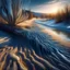 Placeholder: Portray a landscape transformed into a sparkling wonderland by the touch of frost. Use vivid imagery to highlight the glistening icicles hanging from branches, frozen lakes with delicate patterns, and the play of sunlight on the ice-covered landscape.