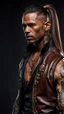 Placeholder: portrait of a 35 year old Handsome muscular male with dark bronze skin adorned with tattoos. His long light brown hair is tied back in a pony tail. He's wearing a leather vest and has a dagger which hangs from his belt. Dark fantasy. Hyperrealistic