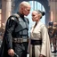 Placeholder: a bold and heroic bald male Corellian pilot in black and grey First Order special forces gear meets a female Jedi Master in ancient, mystical temple, hyperdetailed, dynamic lighting, hyperdetailed background, 8k resolution, volumetric lighting, light skin, fully symmetric details