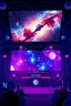 Placeholder: poster for a party with anime music videos galaxy theme dj on stage with big screen