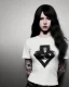 Placeholder: super georgeous woman, good body, white skin, red long haired, black t-shirt, black jacket, black jeans, metallica fan, rude mode, tatoo, chains, pearcings, darkness background.