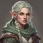 Placeholder: dungeons and dragons; portrait; solid background; half elf; female; thief; cloak; mischief; ash colored hair; pale green eyes; braided hair