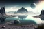 Placeholder: Alien landscape with one grey exoplanet in the horizon, pond, rocky landscape, sci-fi