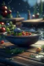 Placeholder: living vegetable on small raft with a bowl of magical fruit soup, in the style of fantasy movies, photorealistic, shot on Hasselblad h6d-400c, zeiss prime lens, bokeh like f/0.8, tilt-shift lens 8k, high detail, smooth render, unreal engine 5, cinema 4d, HDR, dust effect, vivid colors