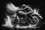 Placeholder: A man riding a vintage motorcycle, with the essence of Grisaille and the fluid dynamics of Ferrofluid surrounding him. -ar 16:9-s 50-