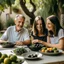 Placeholder: A happy family sitting around a table with black and green olives in a natural setting