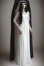 Placeholder: A very long wedding dress similar to Romanian dresses with long black hair Photorealistic