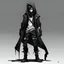 Placeholder: Animated person with Literally white skin, short and messy hair that is black with white streaks through it, wears spiked bracelet, a black hooded cloak/jacket made of leather and metal, black boots, and black cargo pants with silver buttons