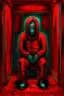 Placeholder: A scary gothic person sits quietly in the middle of a soundproof, padded room conveying intense dramatic emotions in a muted environment, wearing a bright red straitjacket , a mask to cover the mouth area of cannibal evil scary, dark and gothic look, cold eyes, eary ultra detailed,.32k, digital art style with messy paint, hardened sealer appearance, impasto, dramatic Arial view with explosive chaotic background