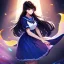 Placeholder: Clear focus, High resolution, girl wearing a purple sailor moon outfit, long fluffy black hair, blue eyes, wearing a sailor uniform skirt including color and length