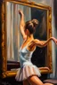 Placeholder: close up realistic portrait oil of a ballerina, stretching next to a mirror, in impasto style, thick strokes of oil paint