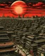 Placeholder: A dark brownish scarlet urban city with warped moons painted by Utagawa Hiroshige